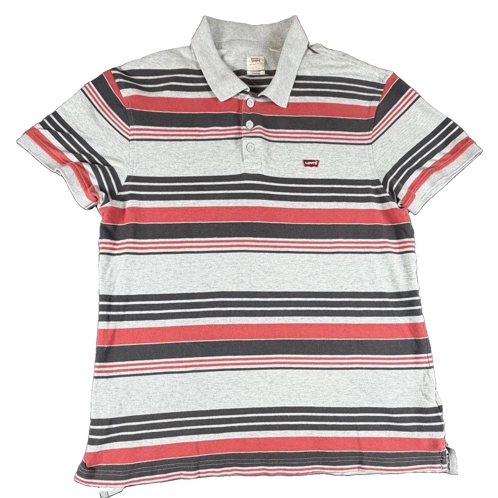 Levi's Polo Shirt Mens L Gray Red Striped Standard Fit Jersey Knit Short Sleeve